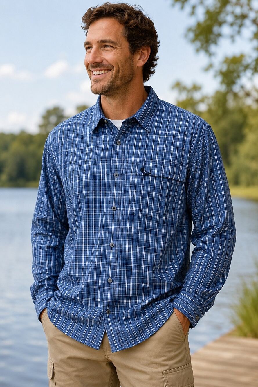 Wrangler Authentics Men’s XL Blue Plaid Vented Fishing Shirt Long Sleeve Outdoor - Picture 1 of 9